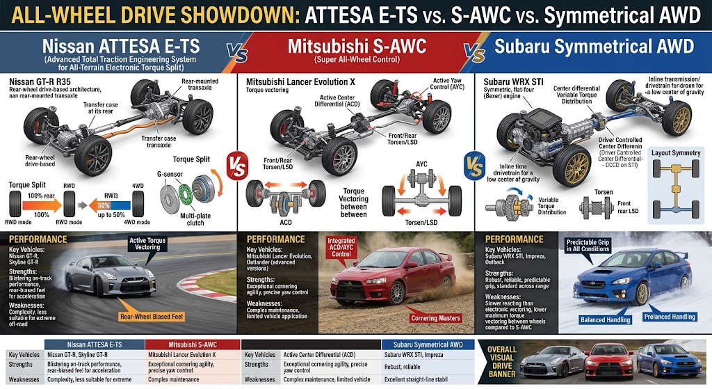 All-Wheel Drive Showdown: Nissan ATTESA E-TS vs. Mitsubishi S-AWC vs. Subaru Symmetrical AWD