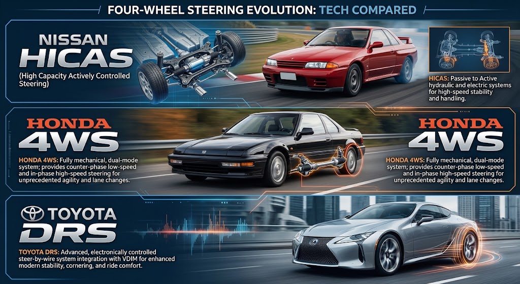 Four-Wheel Steering Evolution: Nissan HICAS vs. Honda 4WS vs. Toyota DRS