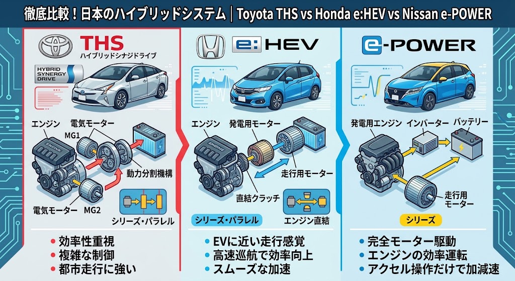 Japanese Hybrid Battle: Toyota THS vs. Honda e:HEV vs. Nissan e-POWER Explained